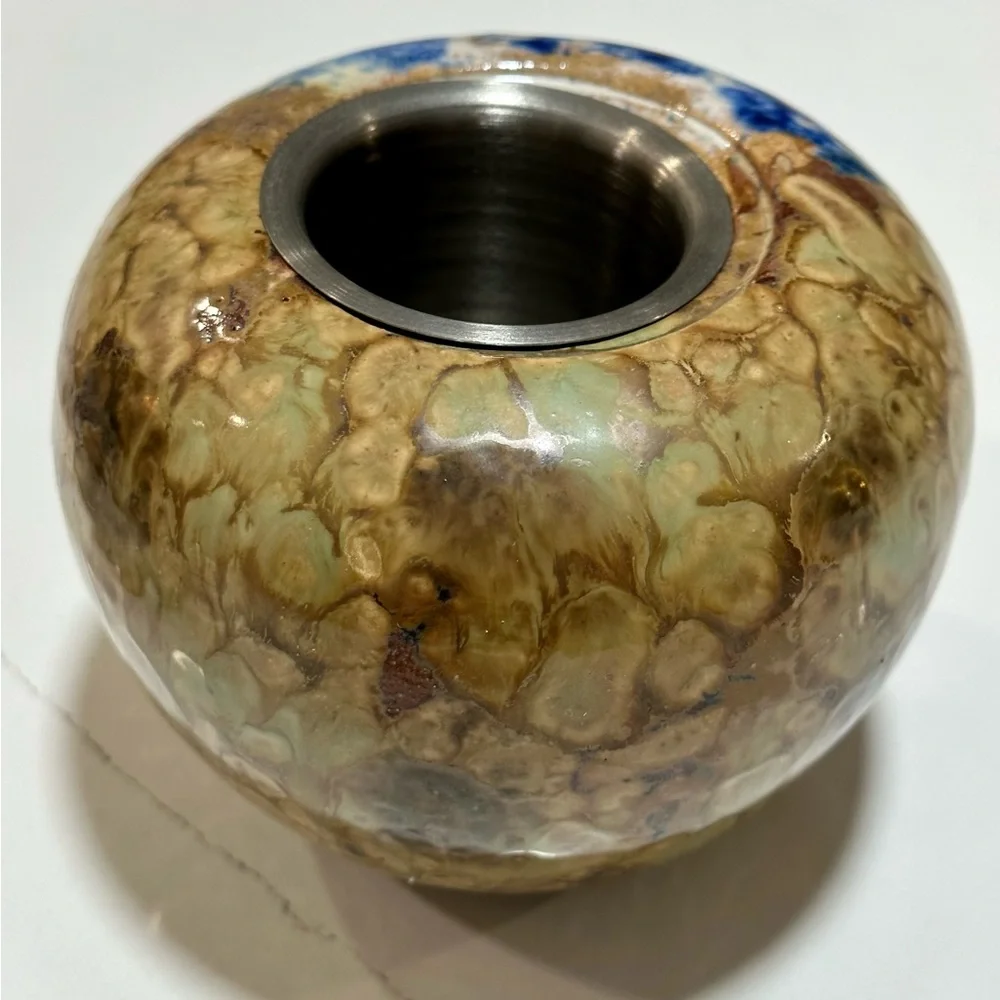 Drip glazed candle holder with metal insert Blue and brown modern candle holder